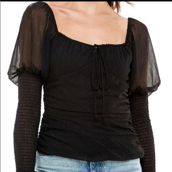 WAYF Whimsigoth Slate blue chiffon ruched long puff sleeve top size small fairy - Picture 7 of 13